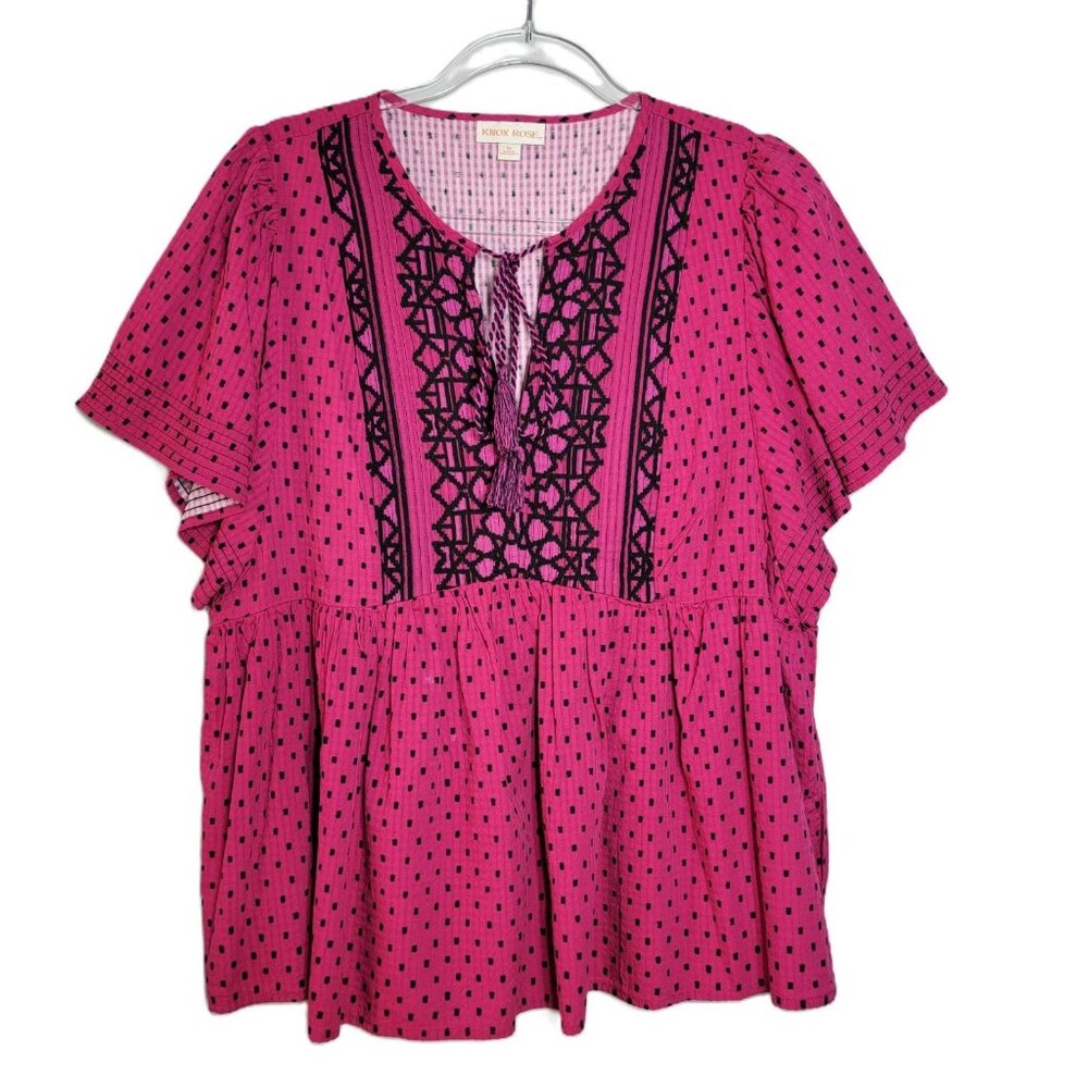 Knox Rose Pink Top‎ Size XL Empire Waist Tassel Cotton Rayon Pullover